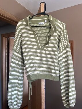 Striped V-Neck Knit Sweater in Olive and Cream with Side Tie